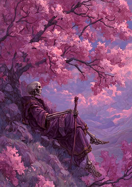Skeleton under Cherry Blossom Tree