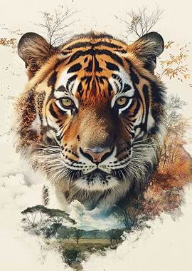 Tiger Portrait with Landscape Overlay