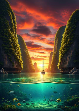 Tropical Island Sunset with Sailboat