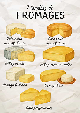 Seven Families of Cheese Watercolor Illustration