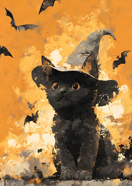 Black Cat Witch Halloween Painting
