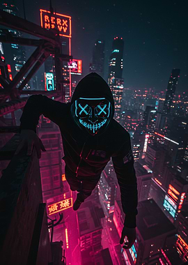 Cyberpunk Masked Figure on Skyscraper Edge