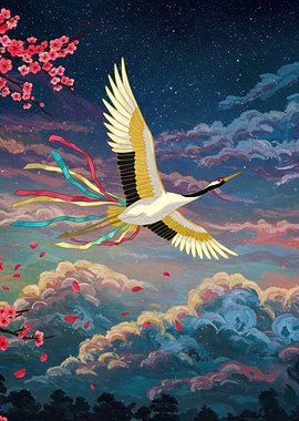 Crane in Flight with Cherry Blossoms