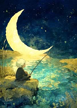 Boy Fishing Under Crescent Moon
