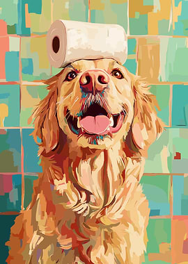 Golden Retriever with Toilet Paper Hat