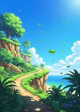 Tropical Island Path with Blue Sky Chibi Style