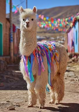 Decorated Alpaca in a Colorful Village