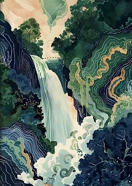 Golden Waterfall Landscape