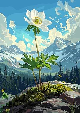 White Flower in Mountain Landscape