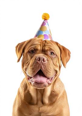 Dogues de Bordeaux Dog in Birthday Hat Portrait