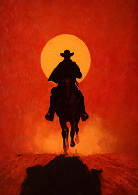 Cowboy Silhouette Riding into the Sunset