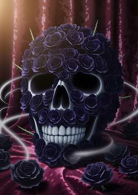 Skull adorned with dark roses