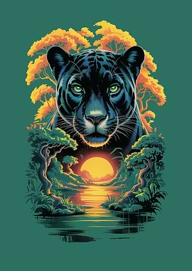 Black Panther in Jungle Sunset