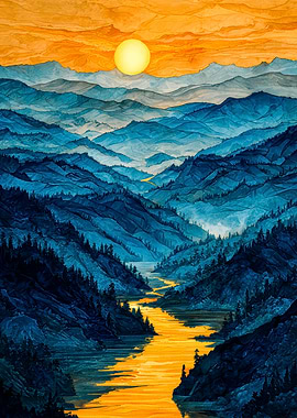 Blue Mountains and Golden River Landscape