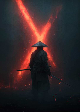 Samurai with Red X Background
