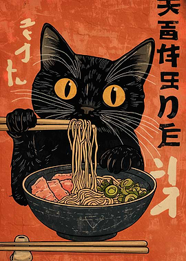 Black Cat Eating Ramen Poster