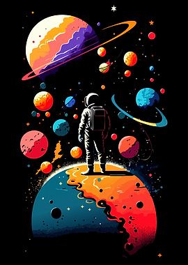 Astronaut in Space with Colorful Planets