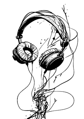 Headphones Black and White Abstract Art