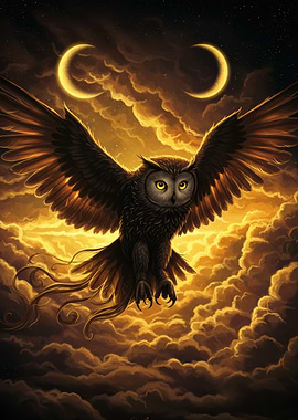 Owl in Flight with Crescent Moons