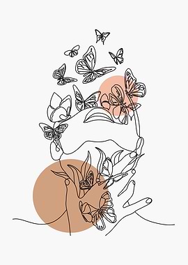 Abstract Face with Butterflies Line Art
