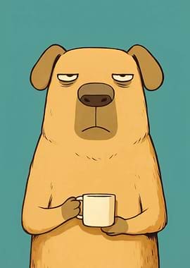 Grumpy Dog with Coffee Cartoon