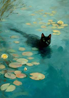 Black Cat Swimming in Lily Pond