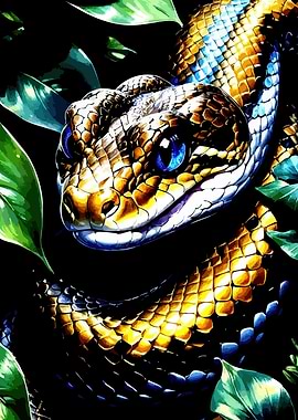 Detailed Snake Portrait with Lush Foliage