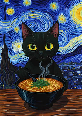 Black Cat Ramen Starry Night Painting