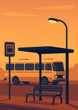 Bus Stop Illustration at Sunset