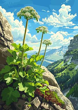Mountain Landscape with Flowers Illustration