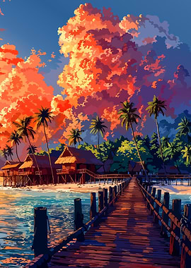 Tropical Island Sunset with Wooden Pier