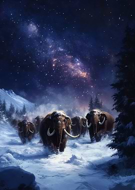 Woolly Mammoths Under the Night Sky