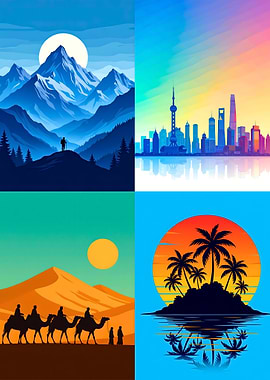 Four Landscapes: Mountain, City, Desert, Island