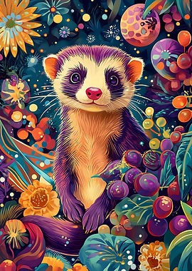 Vibrant Ferret Botanical Portrait – Colorful Floral Weasel Art