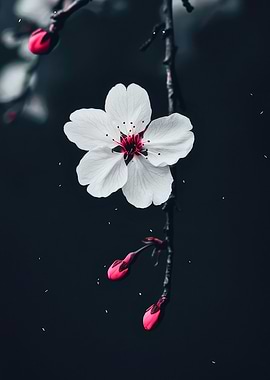 Nocturnal Sakura: White Cherry Blossom with Pink Buds
