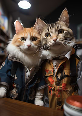 Two Cats Dressed in Human Clothes
