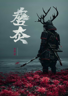 Samurai with Antlers in Red Flowers