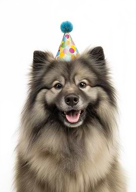 Happy Keeshond Dog with Party Hat