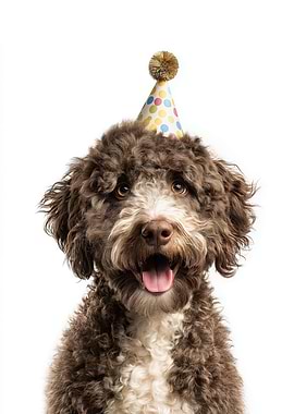 Lagotto Romagnolo Dog with Party Hat Portrait