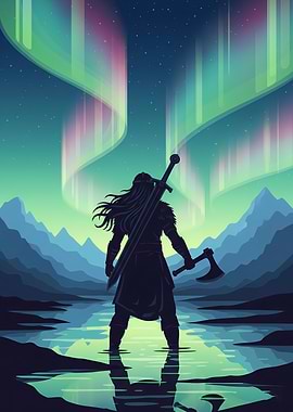 Viking Under Aurora Borealis