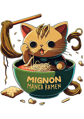 Cute Cat Eating Ramen Illustration