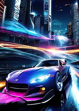 Futuristic Car in Cityscape at Night