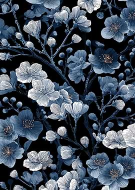 Blue and White Floral Pattern on Black