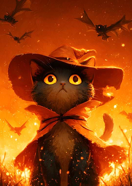 Halloween Cat Wizard with Bats