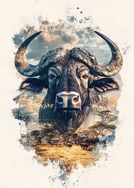 African Buffalo Watercolor Portrait
