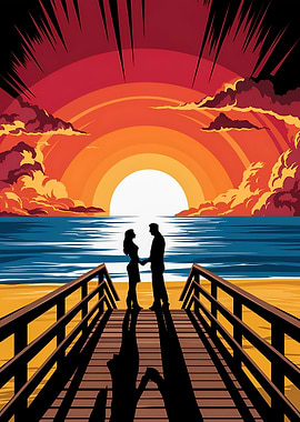 Couple Silhouette at Sunset on Pier