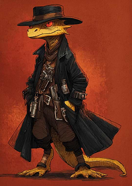 Lizardfolk Gunslinger in Trench Coat