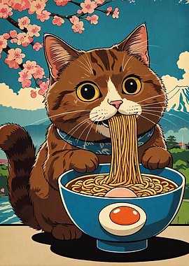 Cat Eating Ramen with Cherry Blossoms