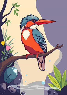 Colorful Kingfisher Bird on Branch Illustration