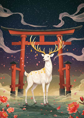 Deer and Torii Gate Illustration